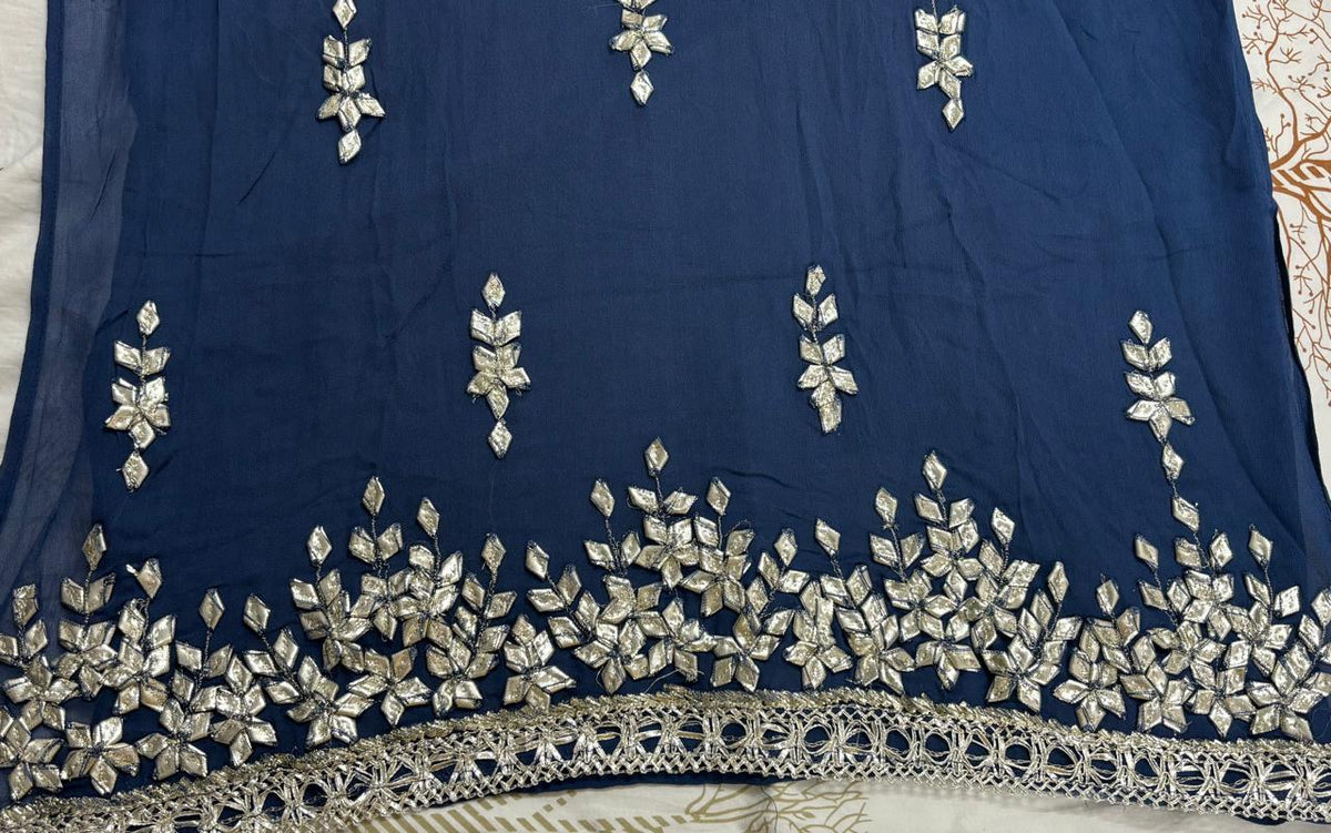 R178 - Semi Stiched Gota Patti Work Chiffon Suit - Navy Blue