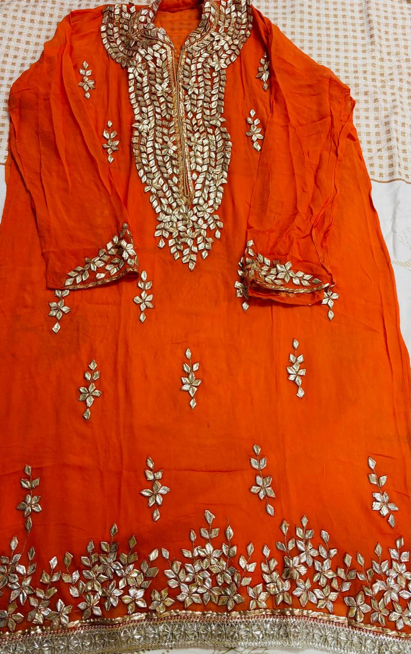 R179 - Semi Stiched Gota Patti Work Chiffon Suit - Orange