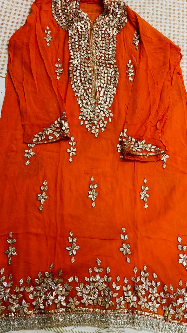 R179 - Semi Stiched Gota Patti Work Chiffon Suit - Orange