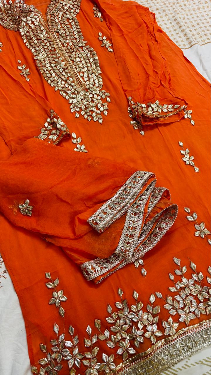 R179 - Semi Stiched Gota Patti Work Chiffon Suit - Orange