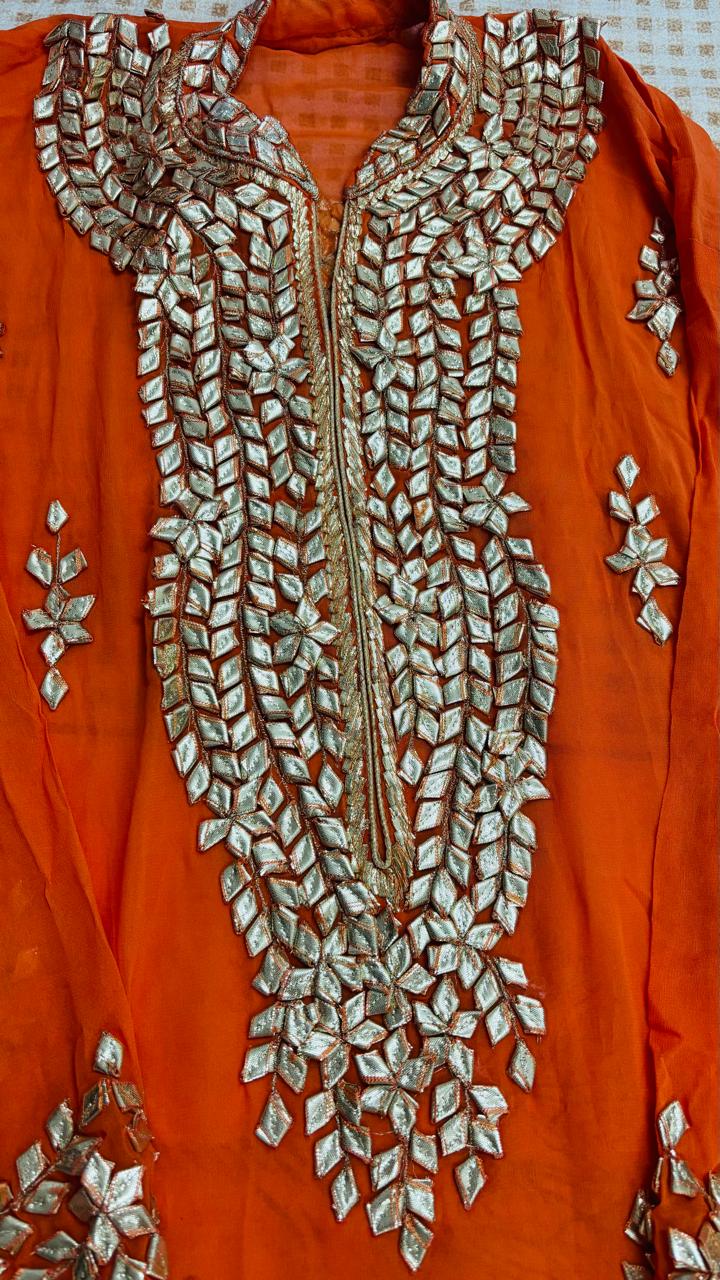 R179 - Semi Stiched Gota Patti Work Chiffon Suit - Orange