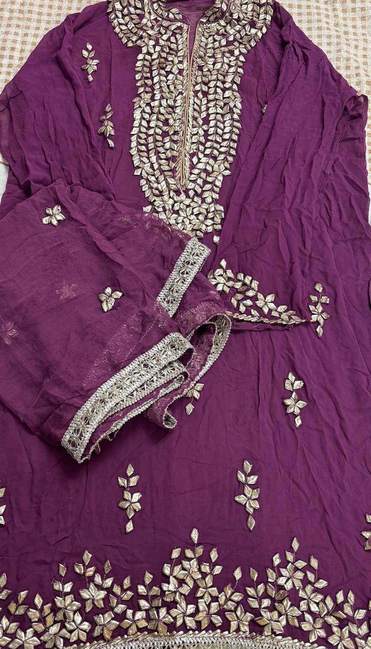 R180 - Semi Stiched Gota Patti Work Chiffon Suit - Purple