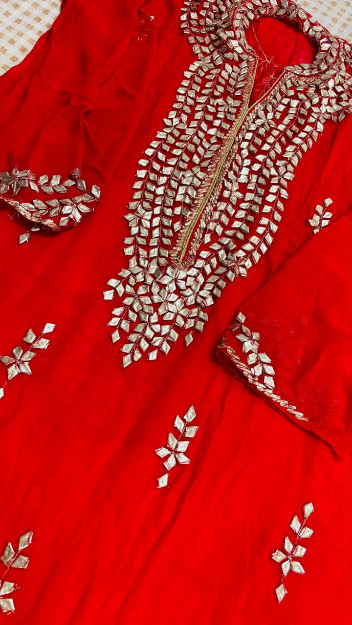 R176 - Semi Stiched Gota Patti Work Chiffon Suit - Red