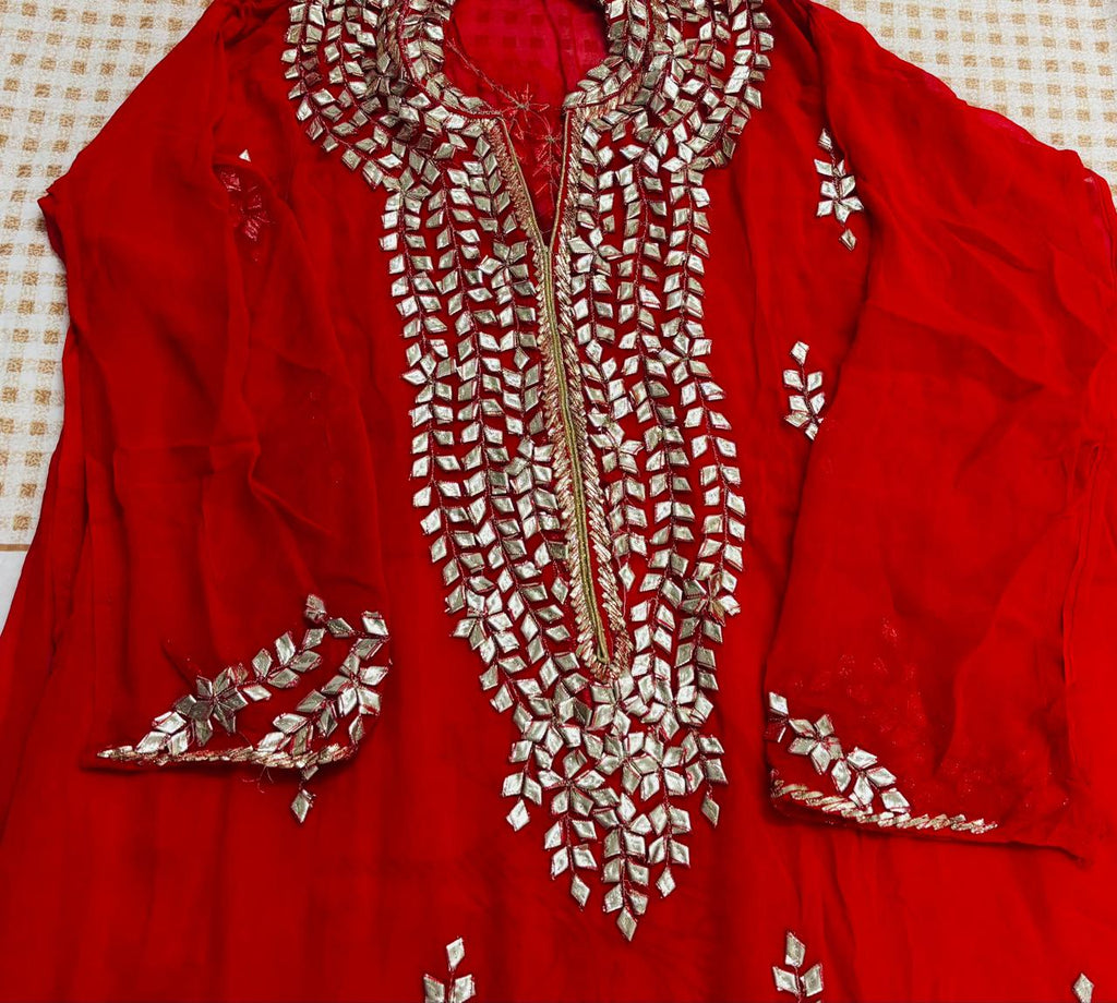 R176 - Semi Stiched Gota Patti Work Chiffon Suit - Red