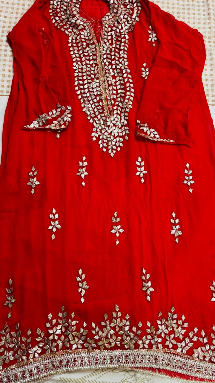 R176 - Semi Stiched Gota Patti Work Chiffon Suit - Red