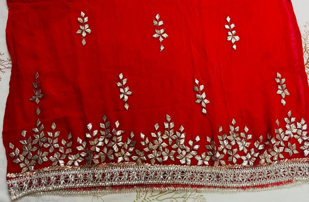 R176 - Semi Stiched Gota Patti Work Chiffon Suit - Red