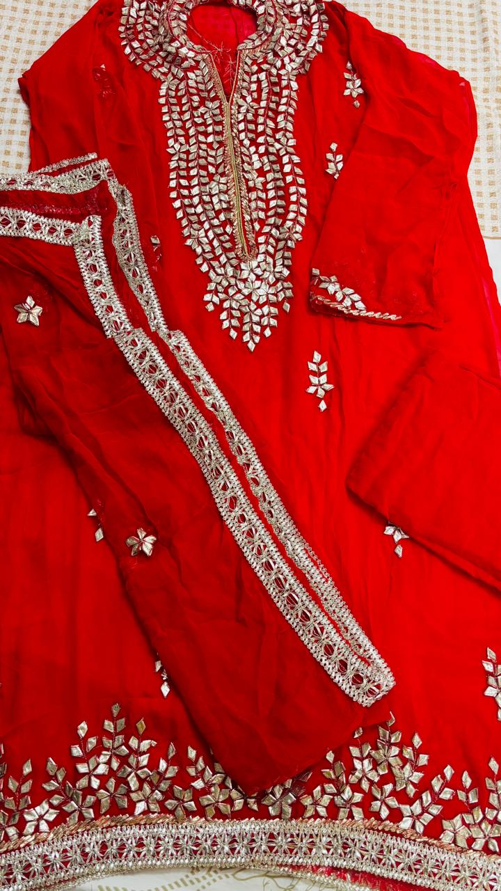 R176 - Semi Stiched Gota Patti Work Chiffon Suit - Red