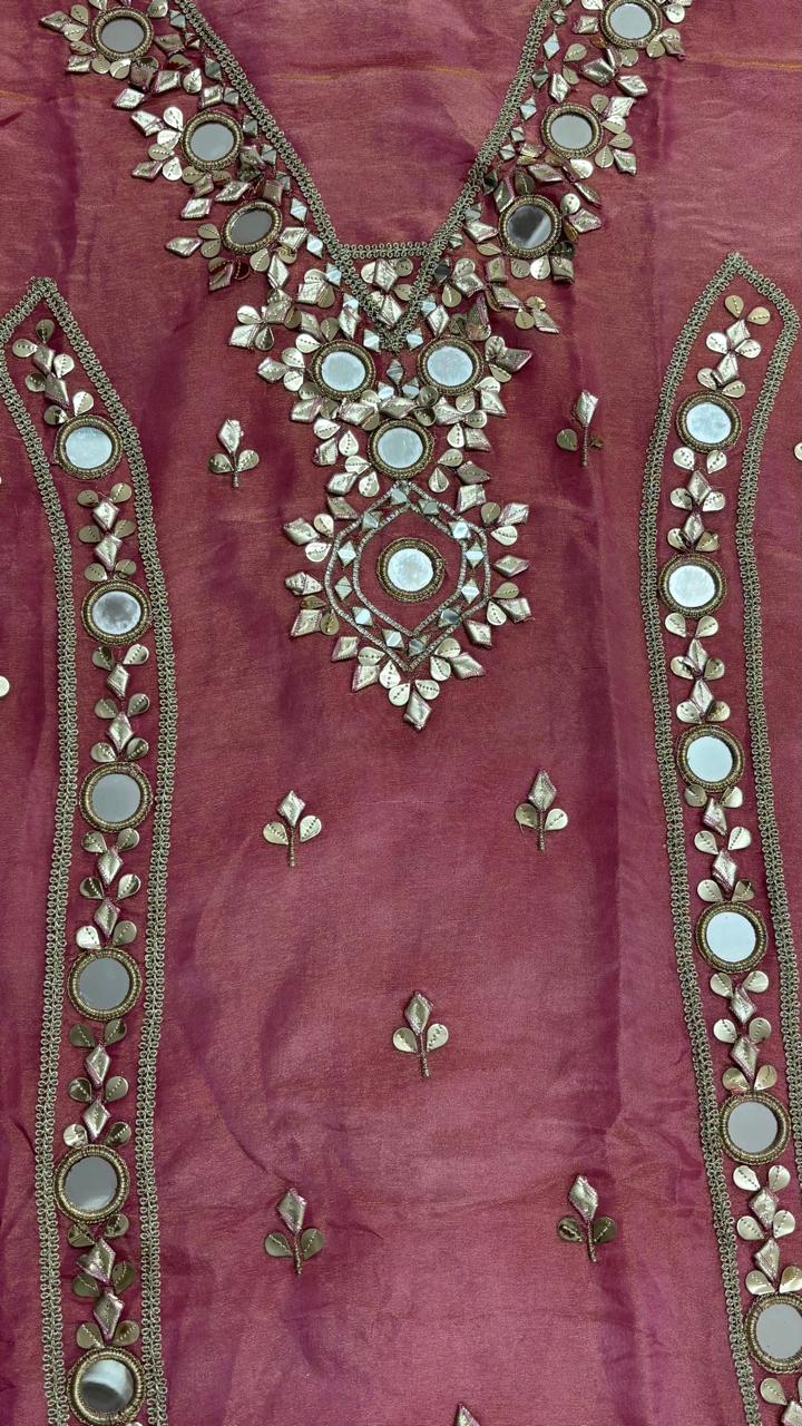 R184 - Unstiched Mirror Work Shimmer Silk Suit - Magenta