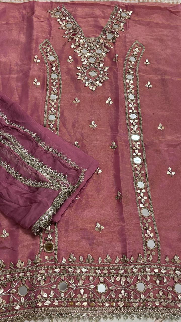 R184 - Unstiched Mirror Work Shimmer Silk Suit - Magenta