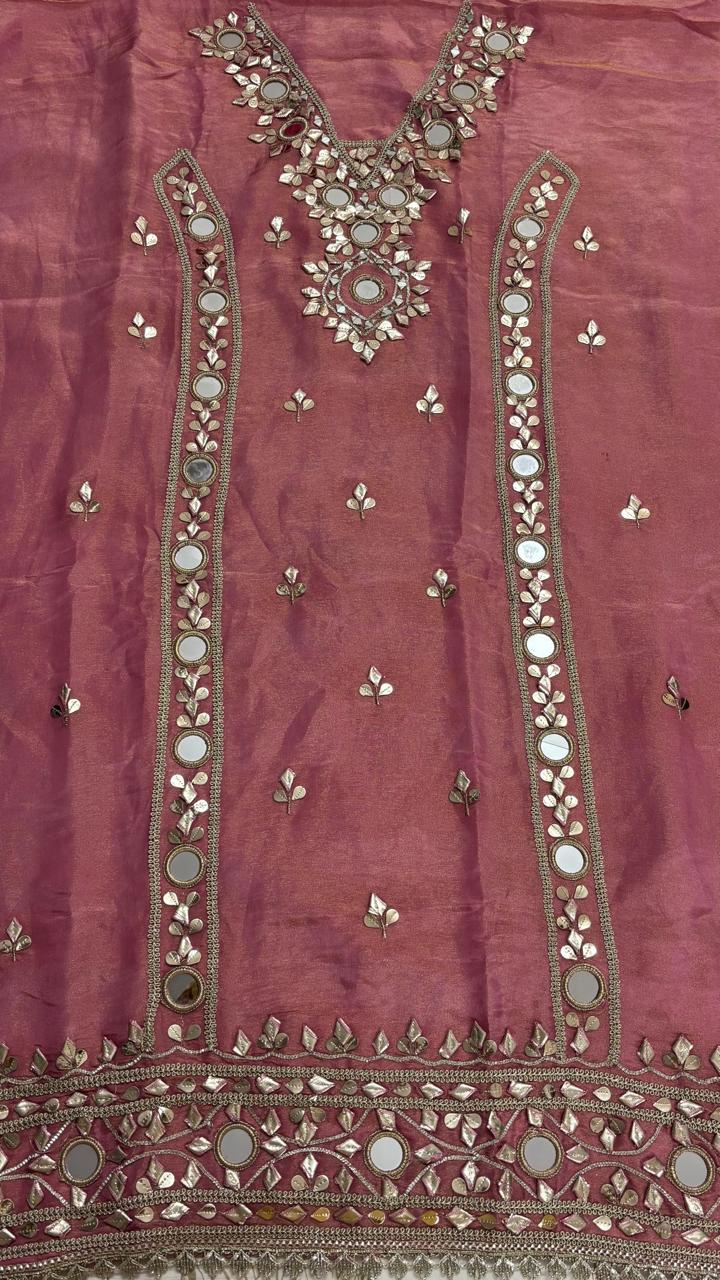 R184 - Unstiched Mirror Work Shimmer Silk Suit - Magenta
