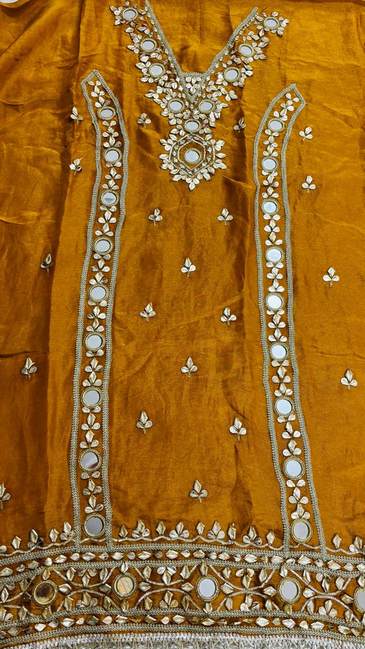 R183 - Unstiched Mirror Work Shimmer Silk Suit - Mustard