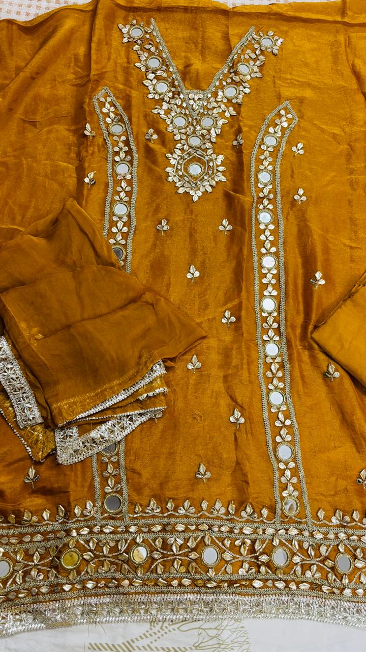 R183 - Unstiched Mirror Work Shimmer Silk Suit - Mustard