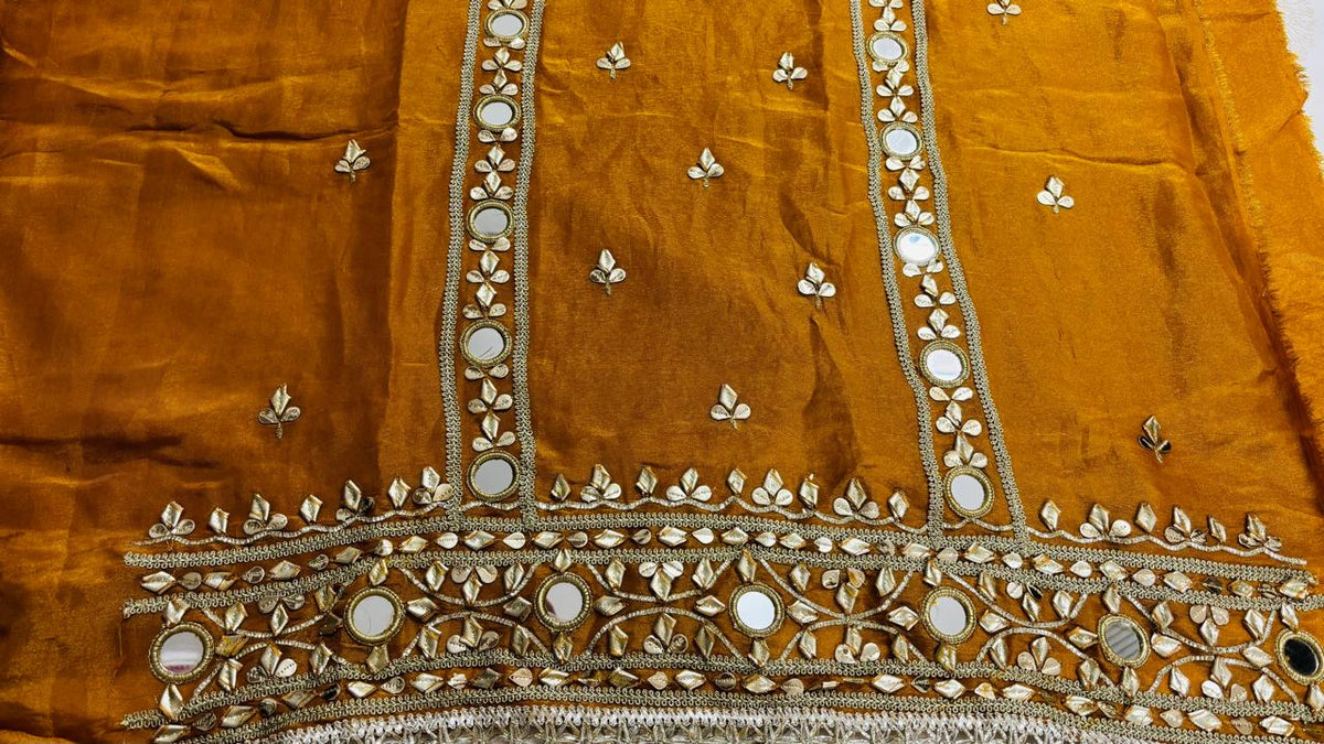 R183 - Unstiched Mirror Work Shimmer Silk Suit - Mustard