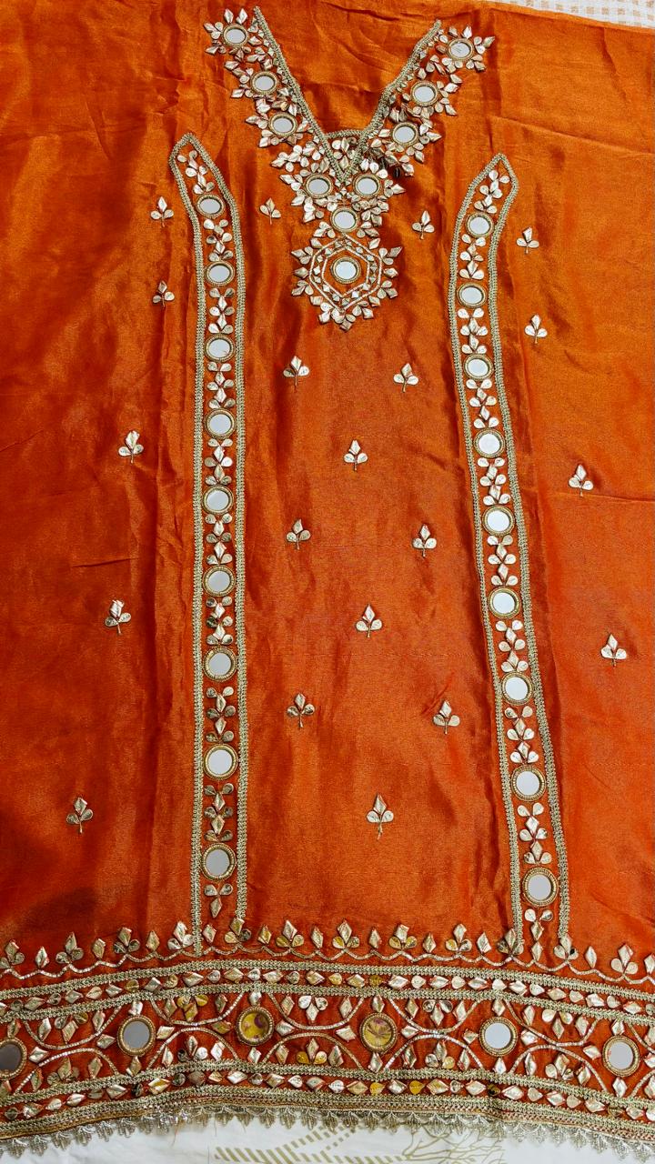 R182 - Unstiched Mirror Work Shimmer Silk Suit - Orange