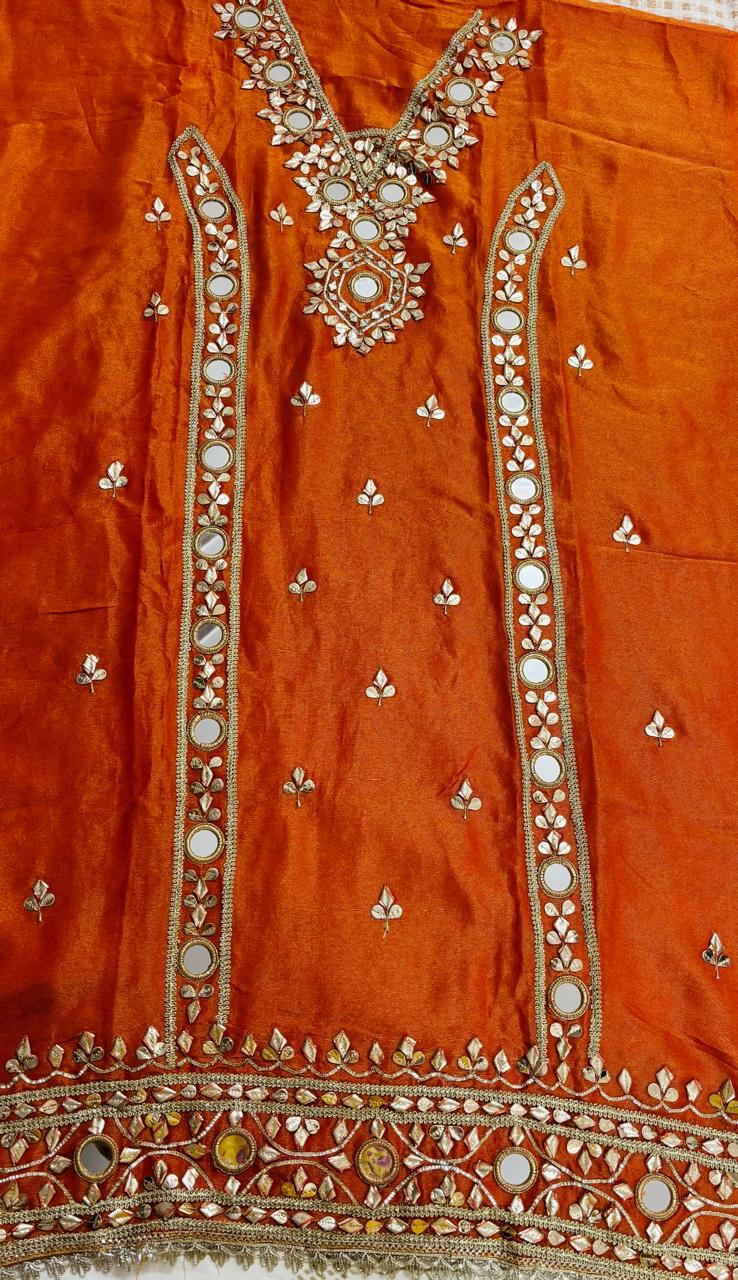 R182 - Unstiched Mirror Work Shimmer Silk Suit - Orange