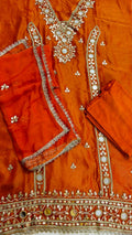 R182 - Unstiched Mirror Work Shimmer Silk Suit - Orange