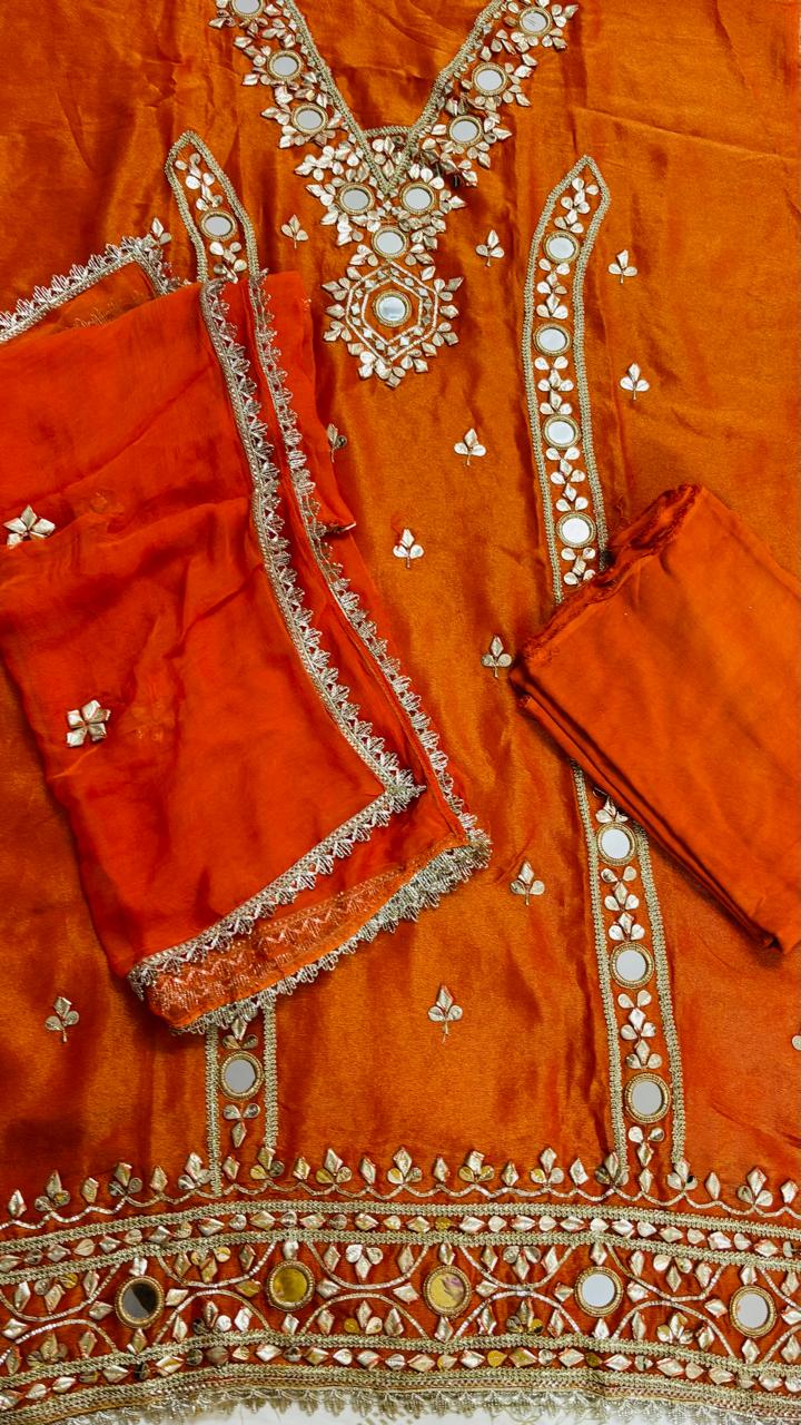R182 - Unstiched Mirror Work Shimmer Silk Suit - Orange
