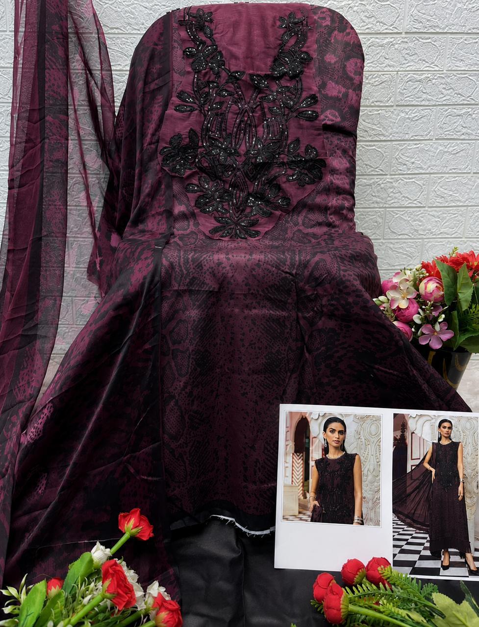 R127 - Unstiched Animal Print Cotton Suit with Long Patch - Purple