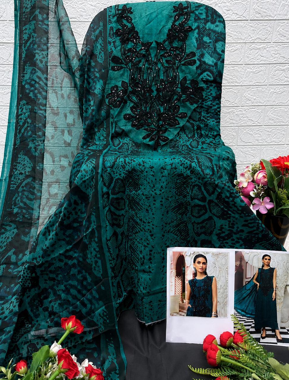 R128 - Unstiched Animal Print Cotton Suit with Long Patch - Green
